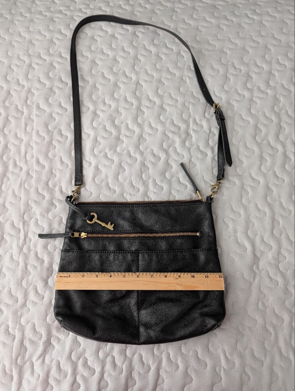 Fossil Fiona Black Crossbody Leather Bag with Gold Key Charm